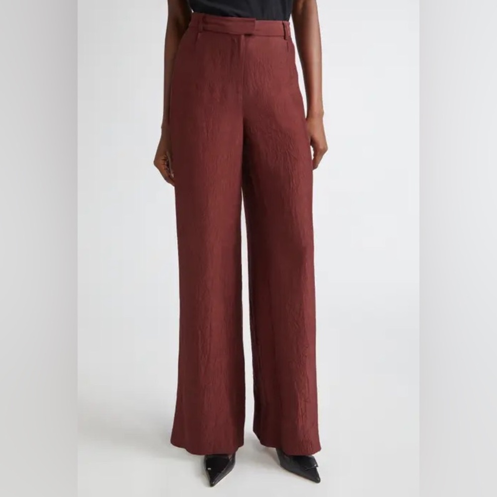 MILLY NEW YORK Mahogany Brown Mid Rise Wide Leg Textured Cotton Trousers Pants 4